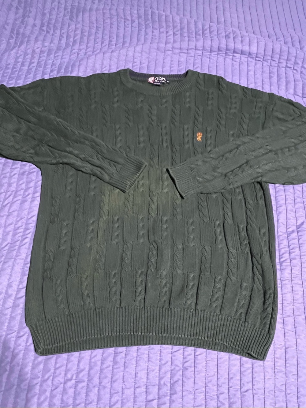Chaps Ralph Lauren Dark Green Cable-Knit Crewneck Sweater with Crest Emblem XL - Picture 2 of 15